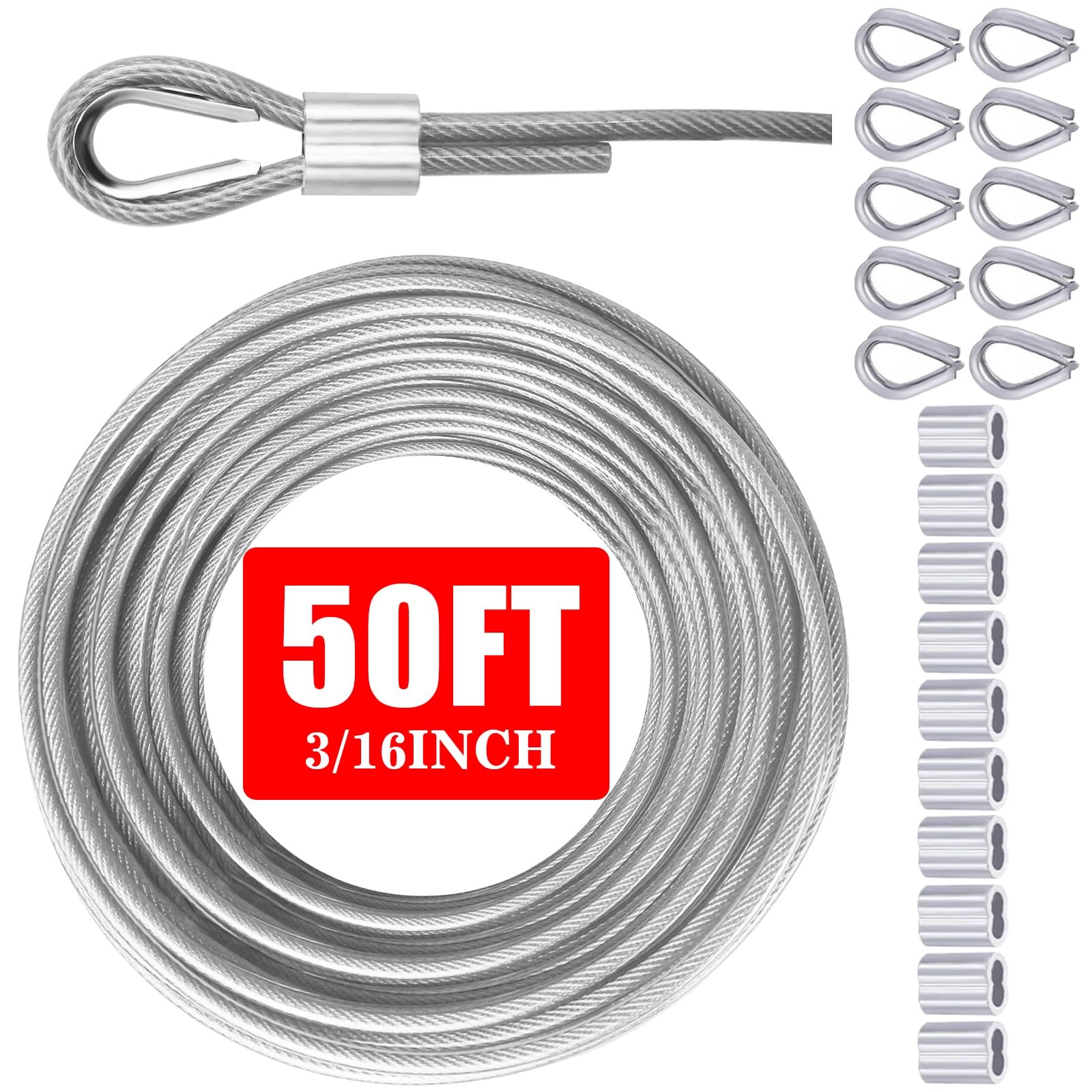 Vinyl Coated Galvanized Steel Wire Rope 3/16" PVC Covered Steel Cable 50ft/100ft