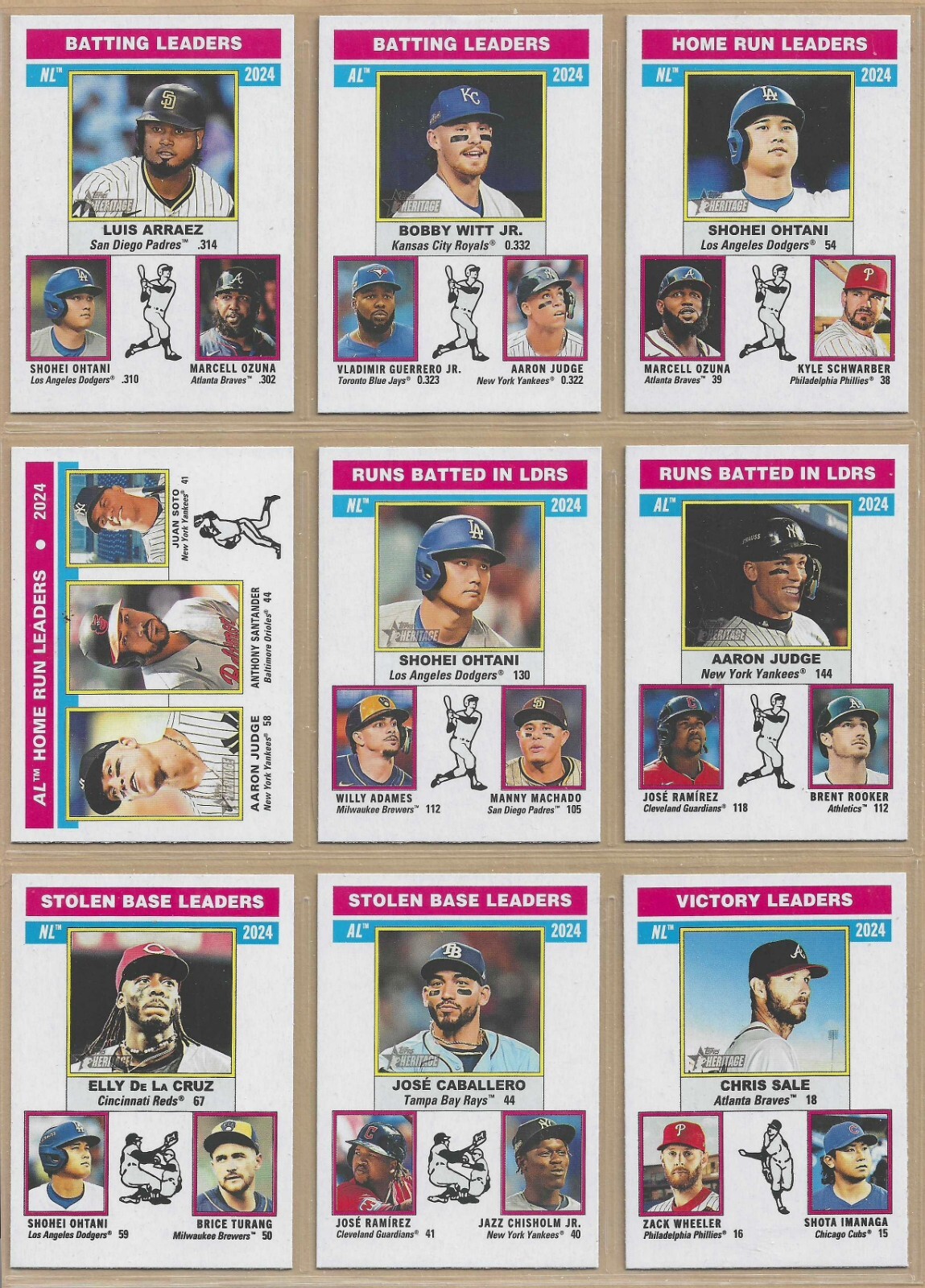 2025 Topps Heritage AL/NL League Leaders Complete Set of (15) Ohtani Judge Witt