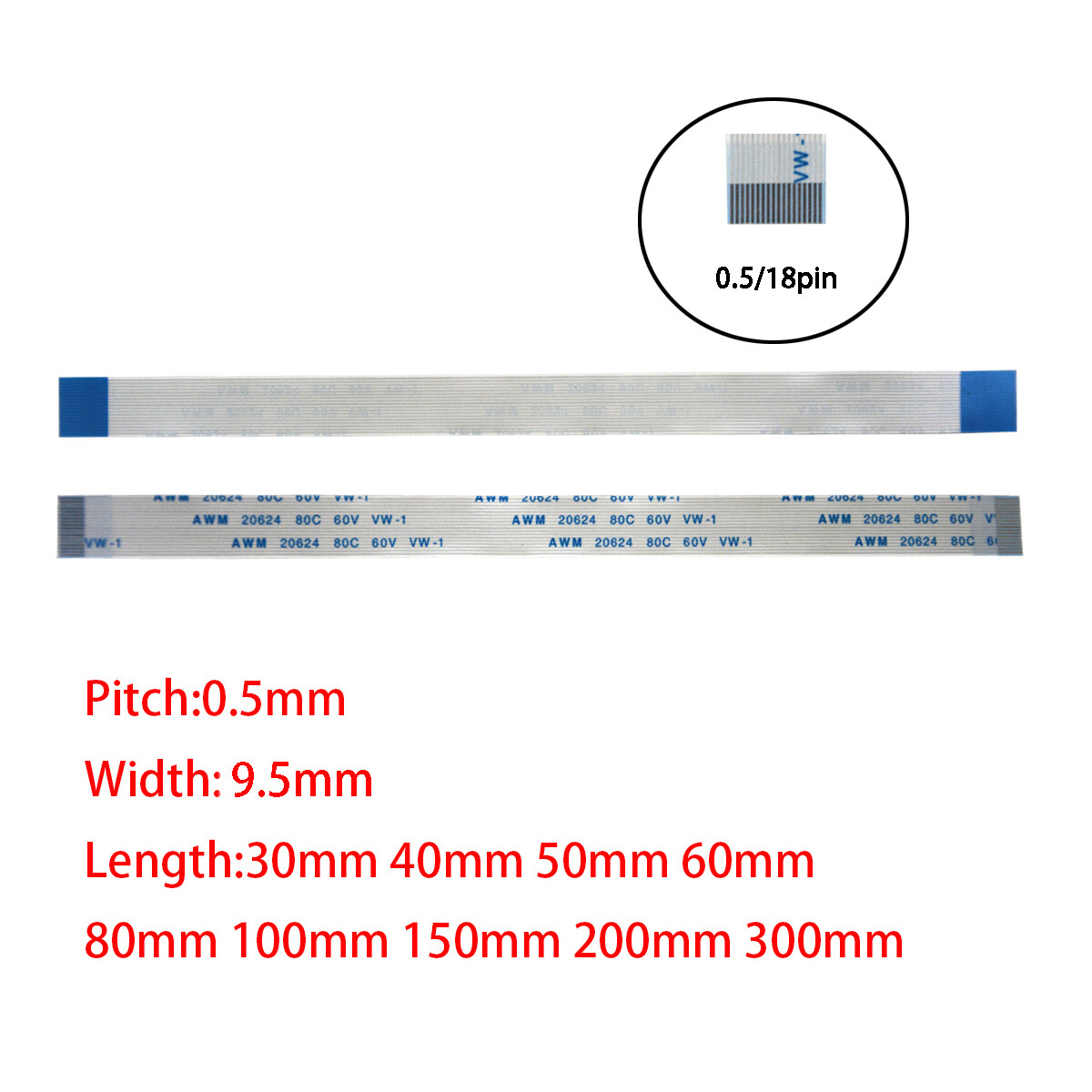 18Pin 0.5mm Pitch FFC FPC Flexible Flat Cable AWM VW-1 20624 80C 60V A B Type