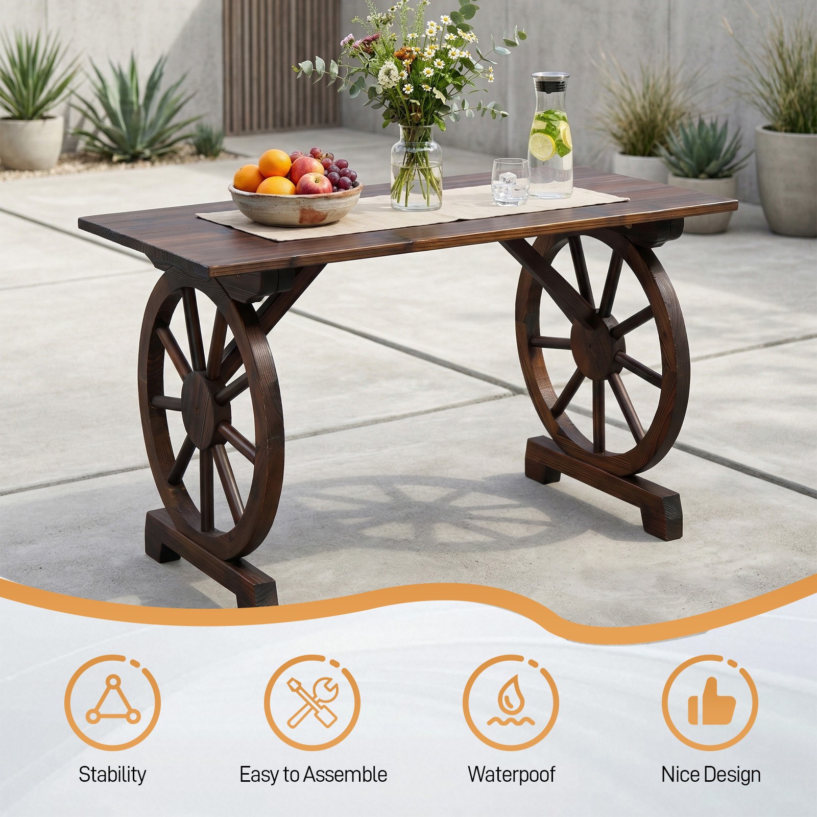 Wooden 44in Patio Table Wagon Wheel for Indoor Backyard Porch Outdoor Garden