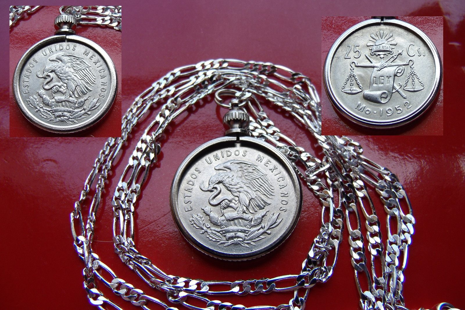 MEXICAN SILVER Eagle & Snake STERLG Bezel Pendant 24" 925 Sterling Silver Chain
