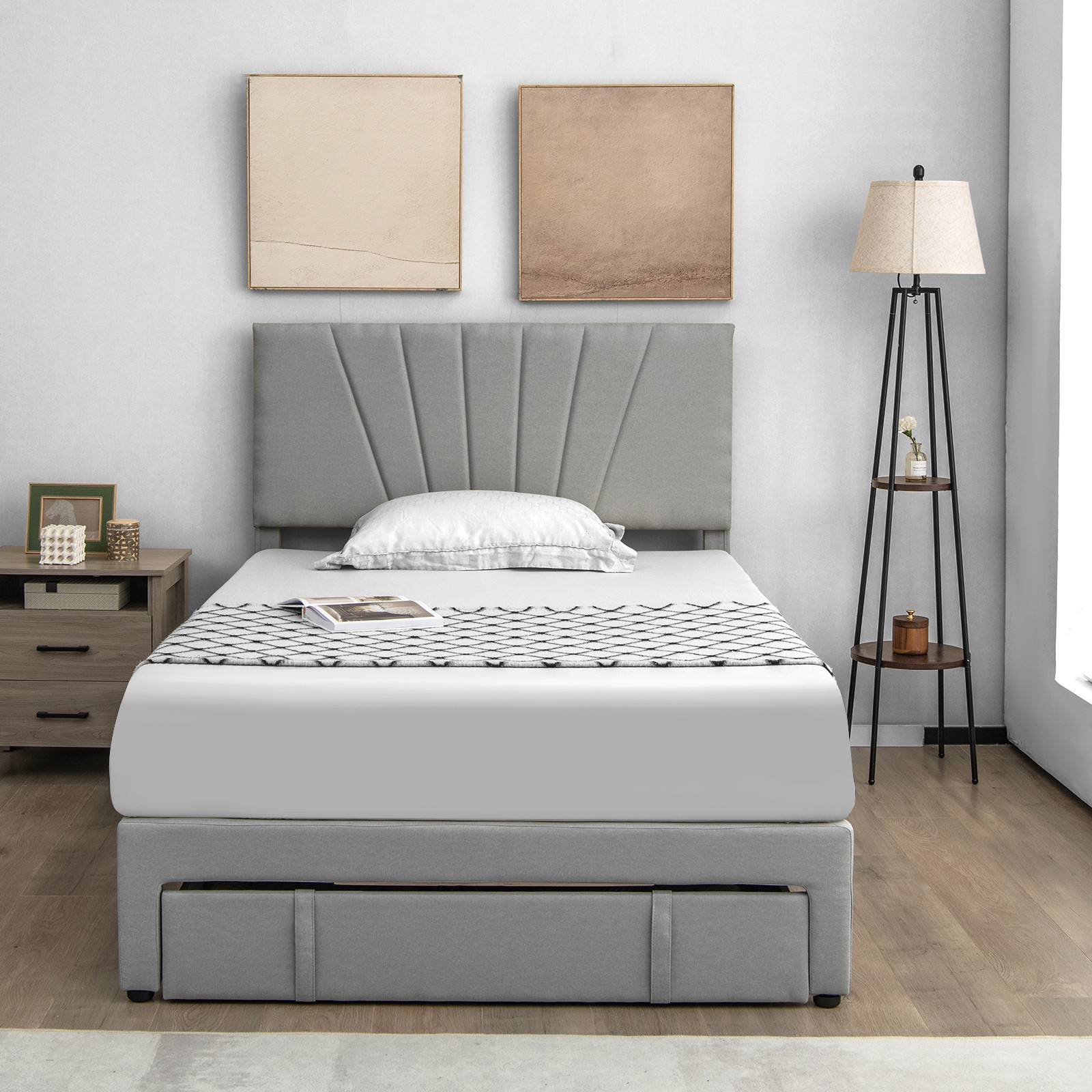 Full Upholstered Bed Frame Platform Bed w/ Drawer& Adjustable Headboard Grey
