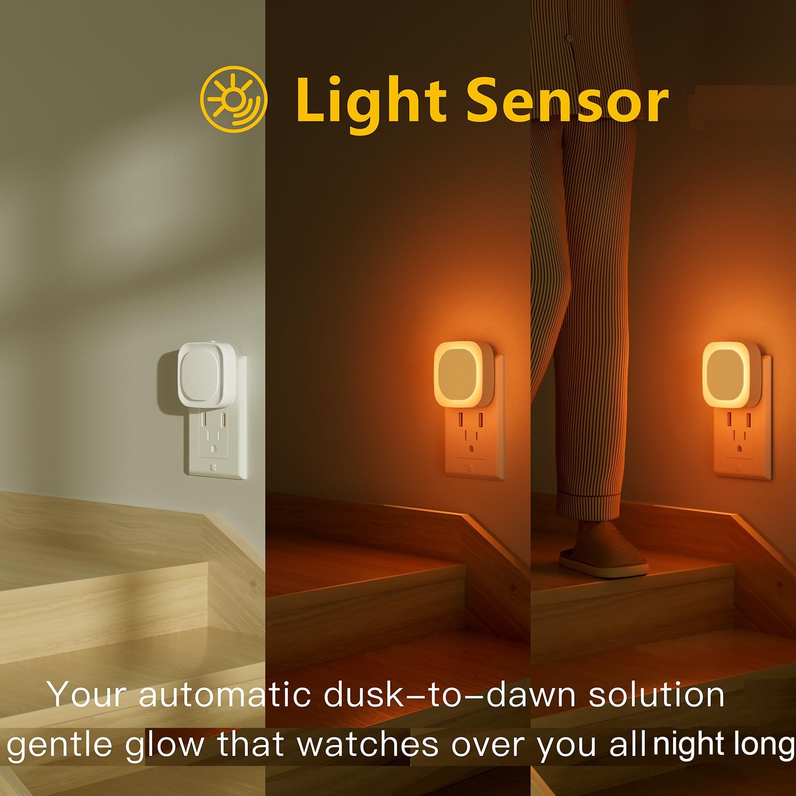 2 Pack Amber Night Light, Dusk to Dawn Sensor, Warm Glare-Free Reflected Glow...
