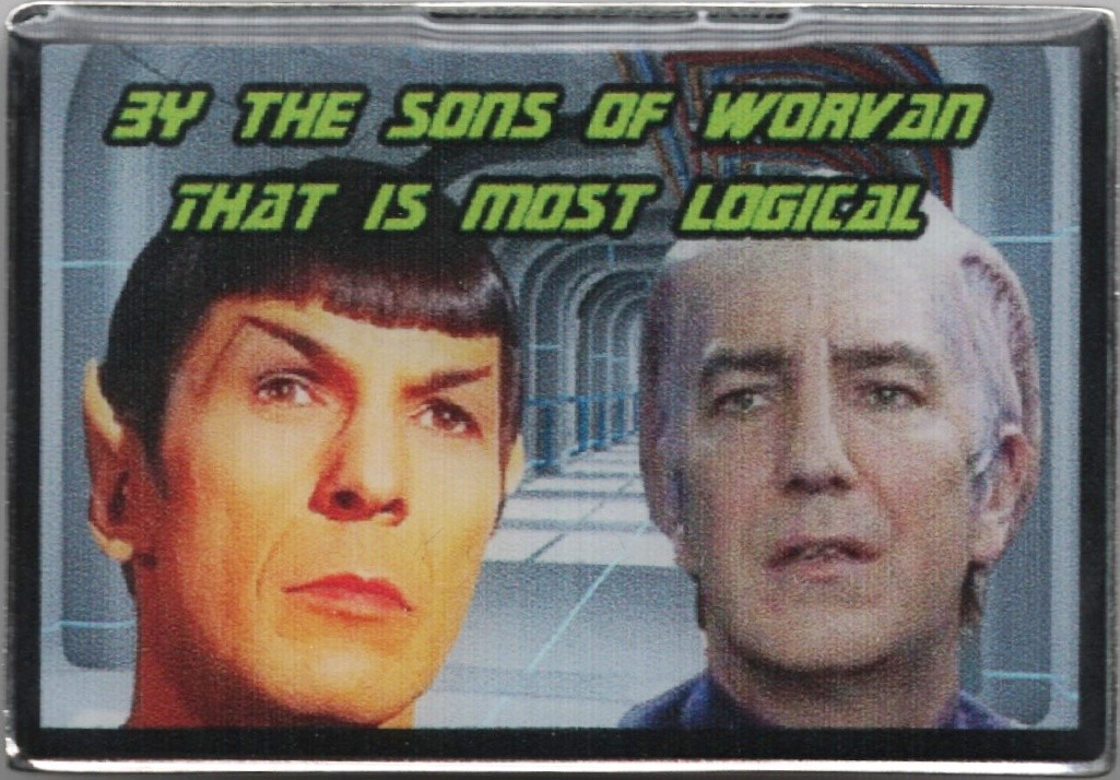 Galaxy Quest / Star Trek Dr. Lazarus and Mr. Spock Phrases Photo Metal Pin NEW