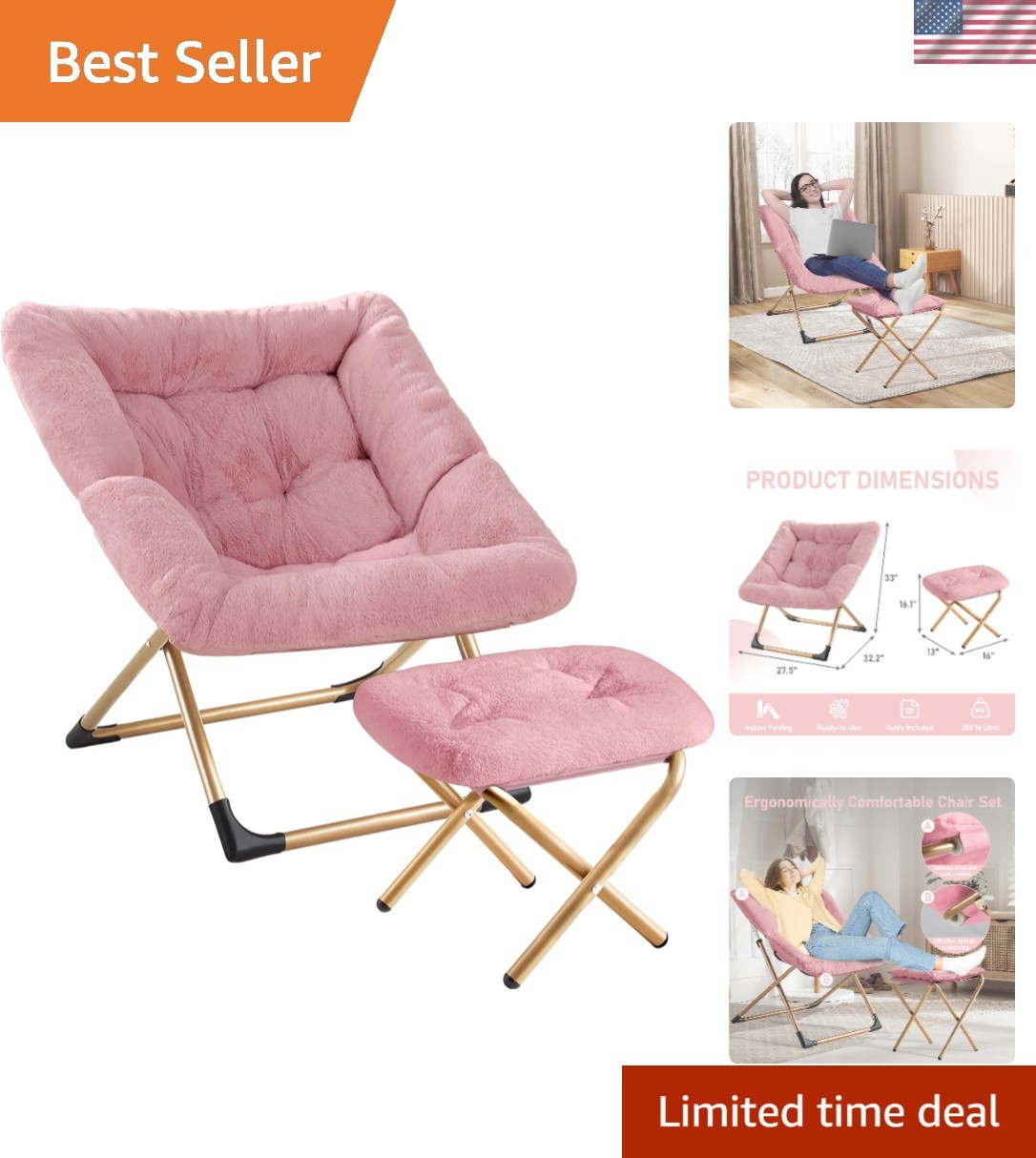 Foldable Oversized Reading Chair with Ottoman, Non-Slip Pad & Cozy Faux Fur