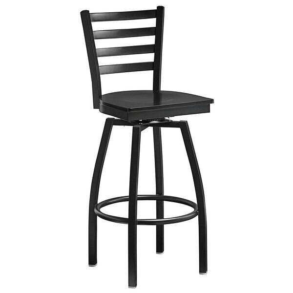 Black Ladder Back Swivel Metal Restaurant Barstool With Black Wood Seat