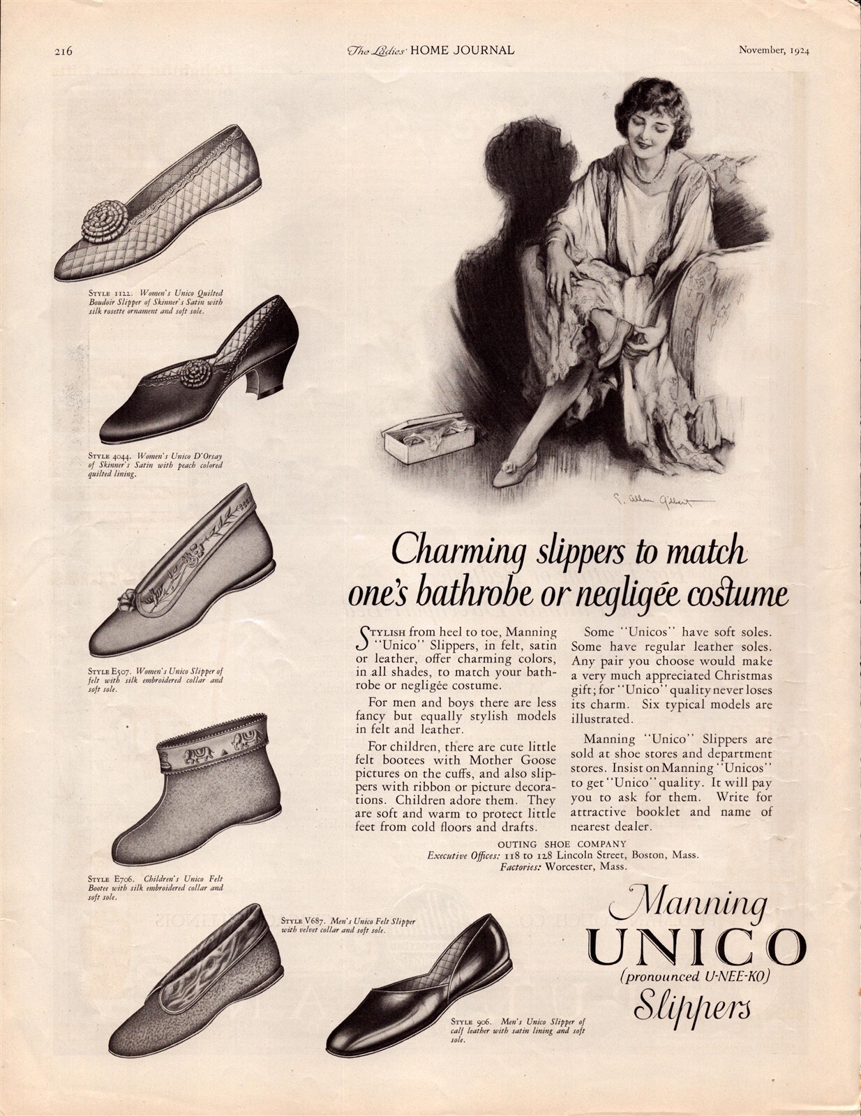1924 Manning Unico Slippers Styles Felt, Satin or Leather Vintage Print Ad L19