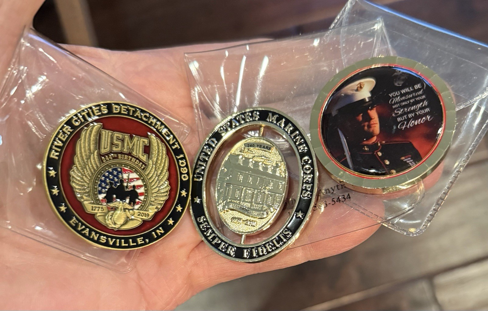 Lot of 3 United States Marine Corps Semper Fidelis Tokens Heavy Enameled Brass