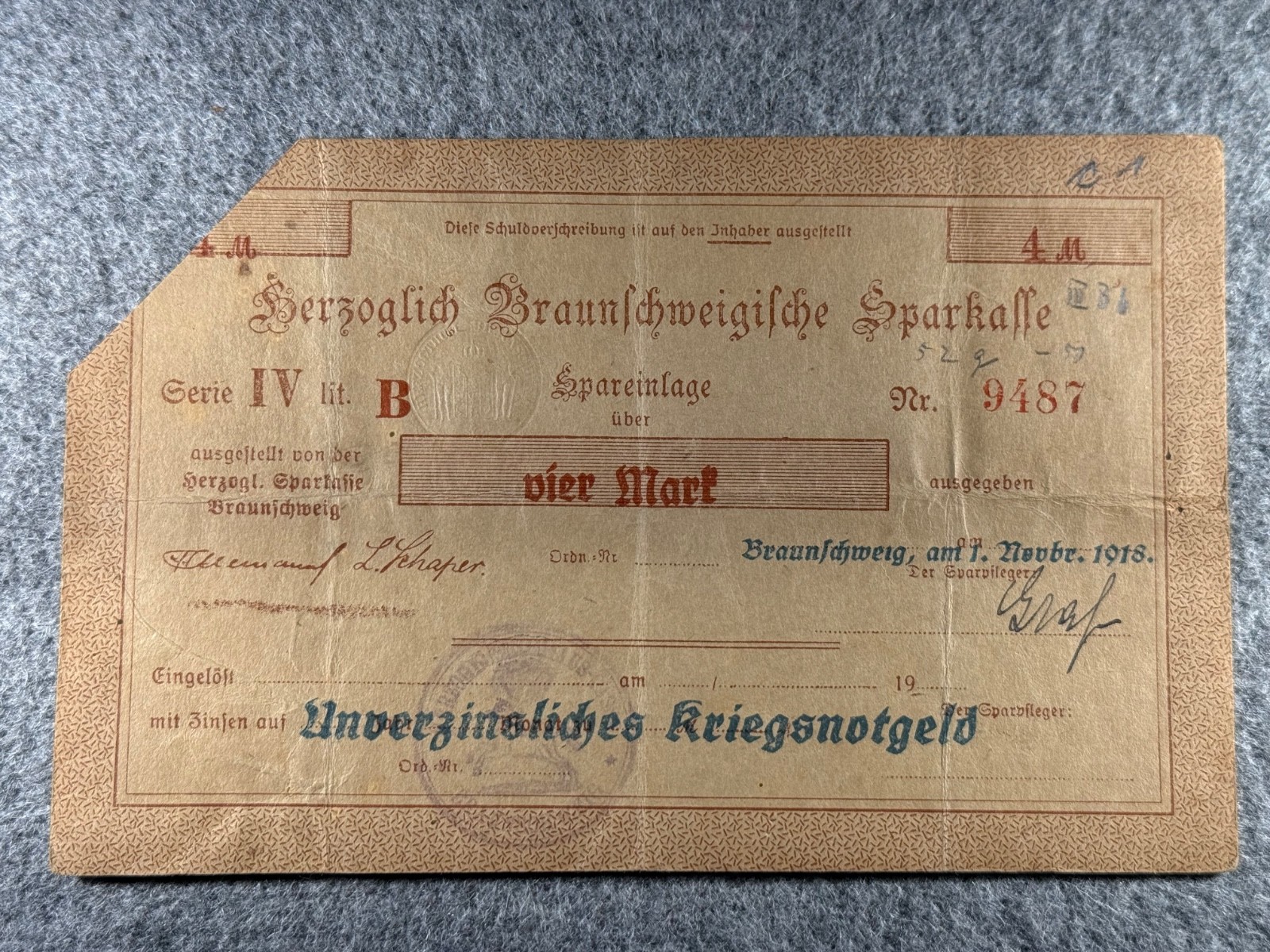 1918 Germany 4 Mark Federal state of Brunswick Notgeld SPC1346