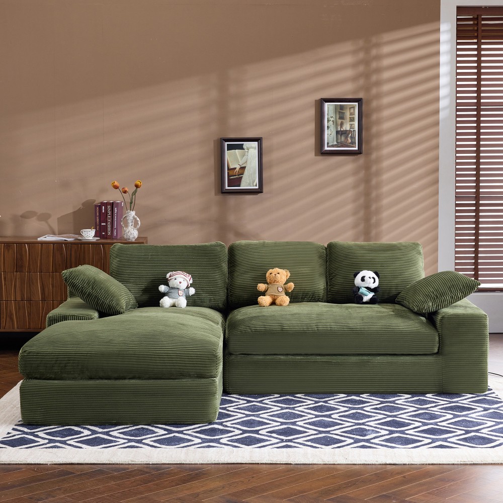 Green Corduroy Sofa w/ Back Cushions & Throw Pillows, Medium-Soft Foam Seat
