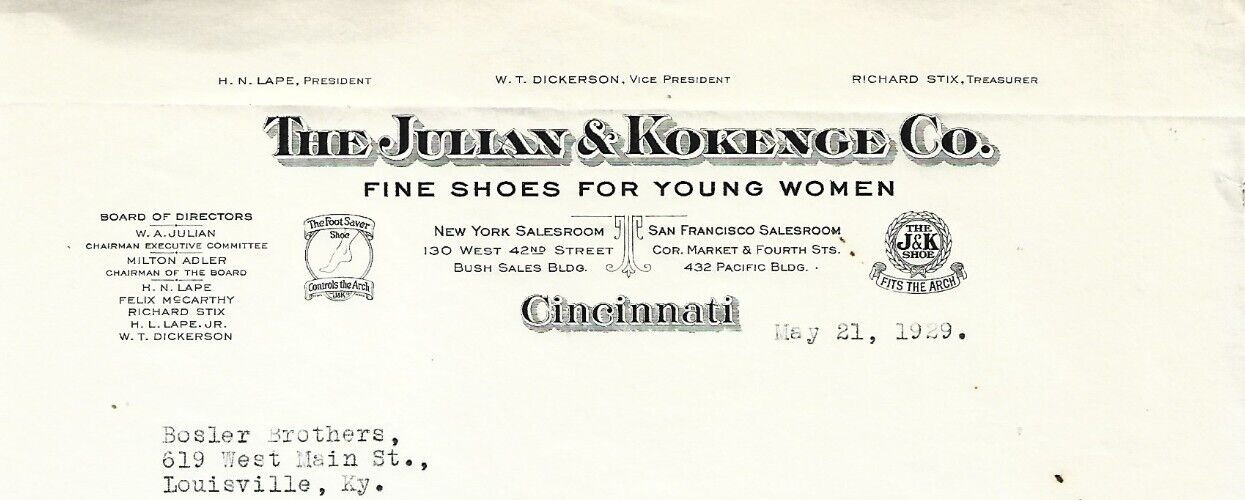 1929 THE JULIAN & KOKENGE CO~ADV LETTERHEAD~CINCINNATI, OHIO~FINE SHOES-WOMEN