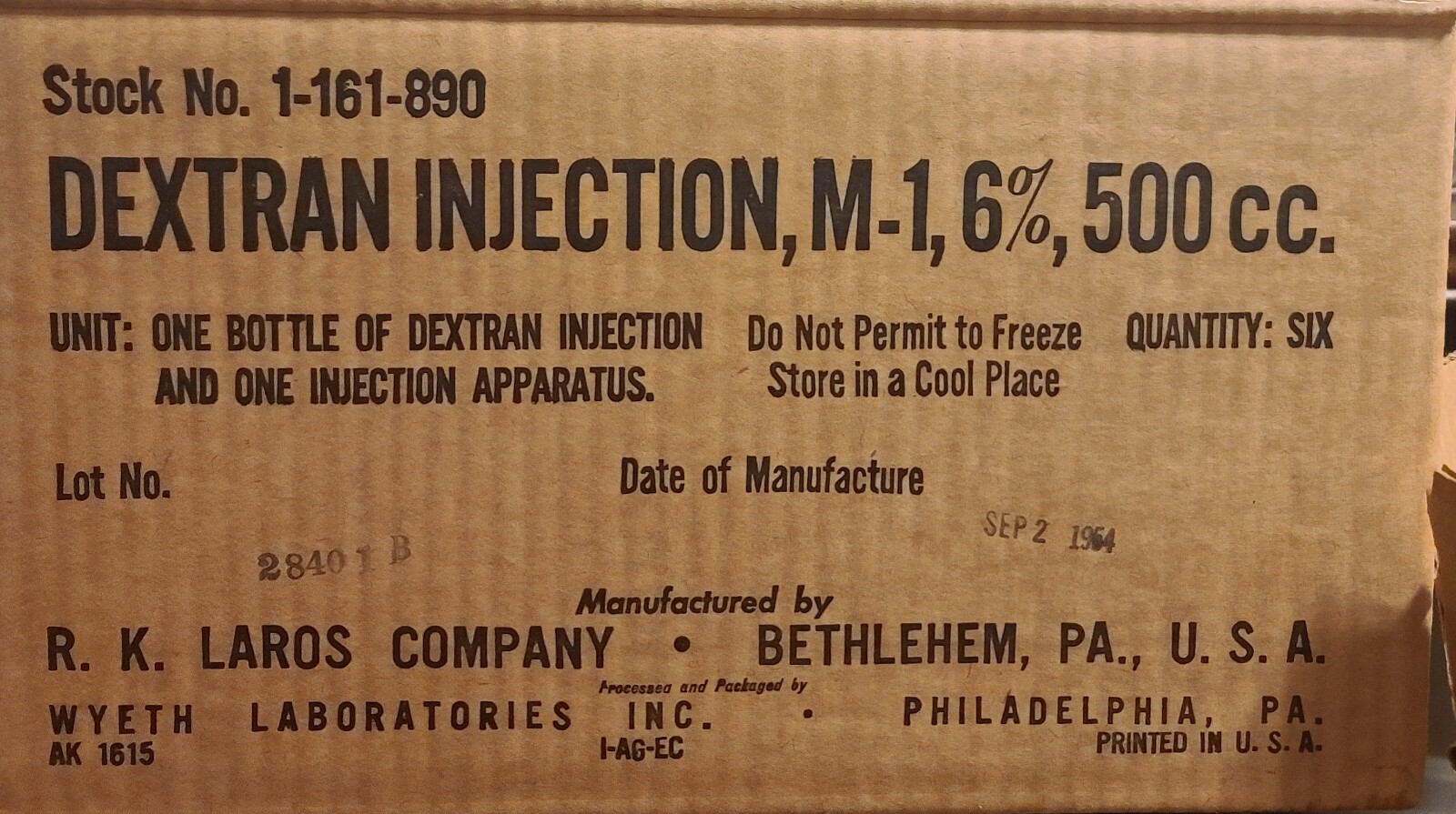Dextran Injection, M-1, 6%, 500cc. Stock No. 1-161-890 , September 2nd 1954 