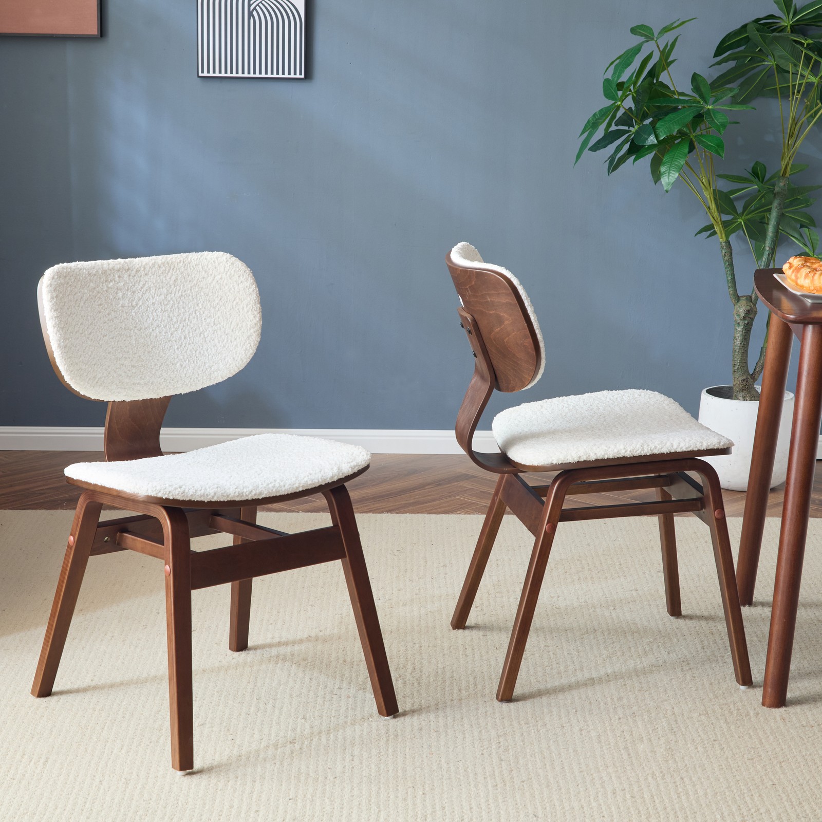 White Fabric Upholstered Side Chair with Walnut Legs, Modern Dining Chair