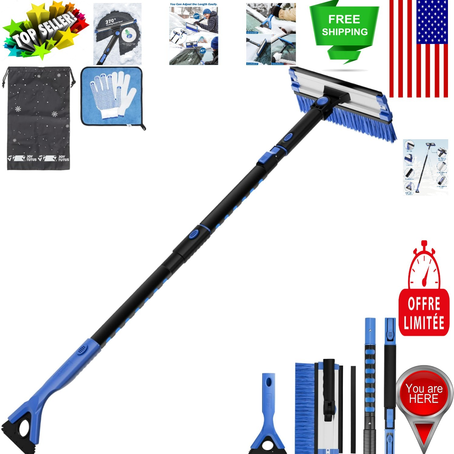 Durable 47.7″ Telescoping Snow Brush with 270° Pivot for Effortless Ice Removal