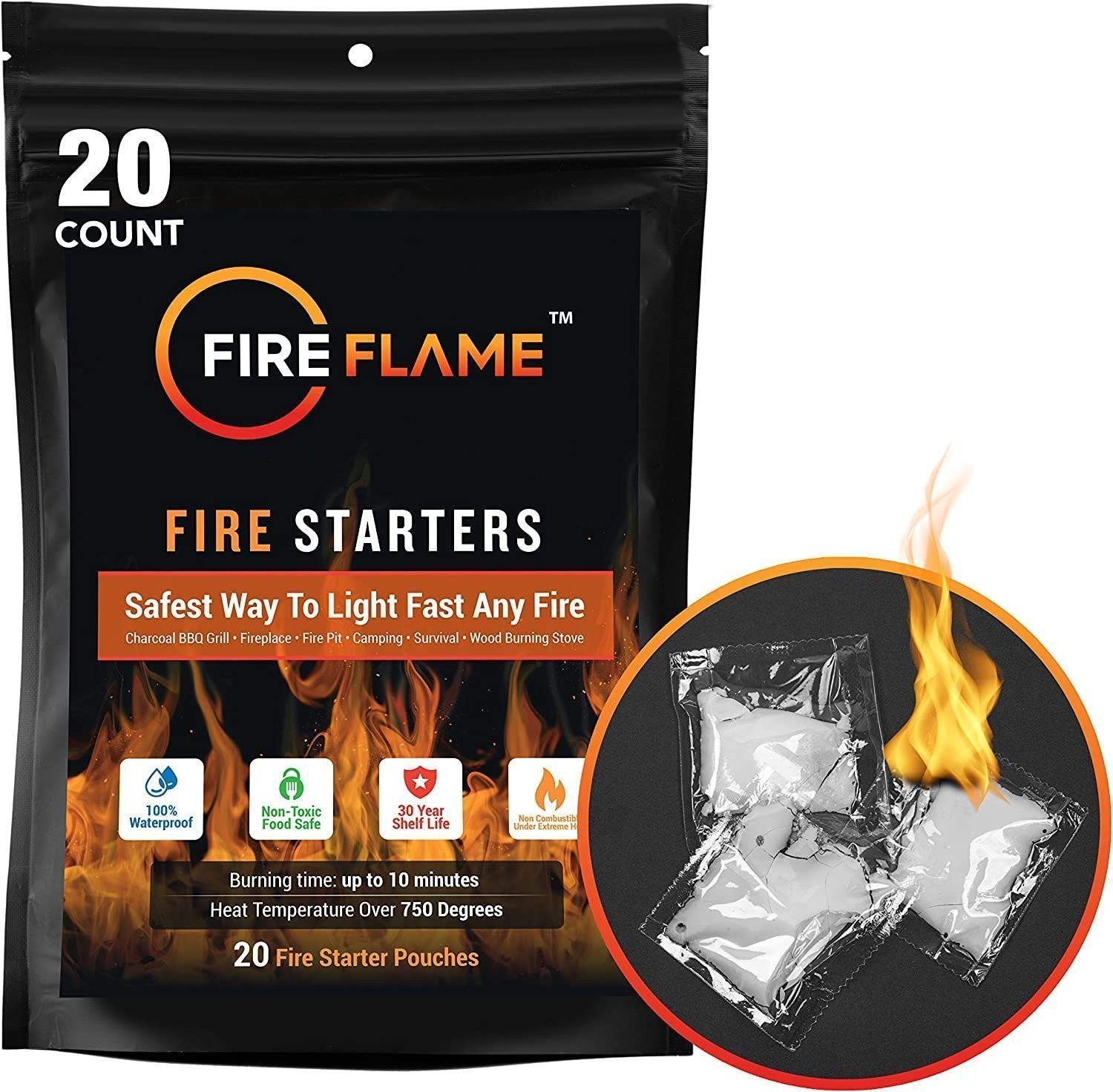 Fireflame Quick Instant Fire Starter - 100% Waterproof Indoor & Outdoor, 20 Pack