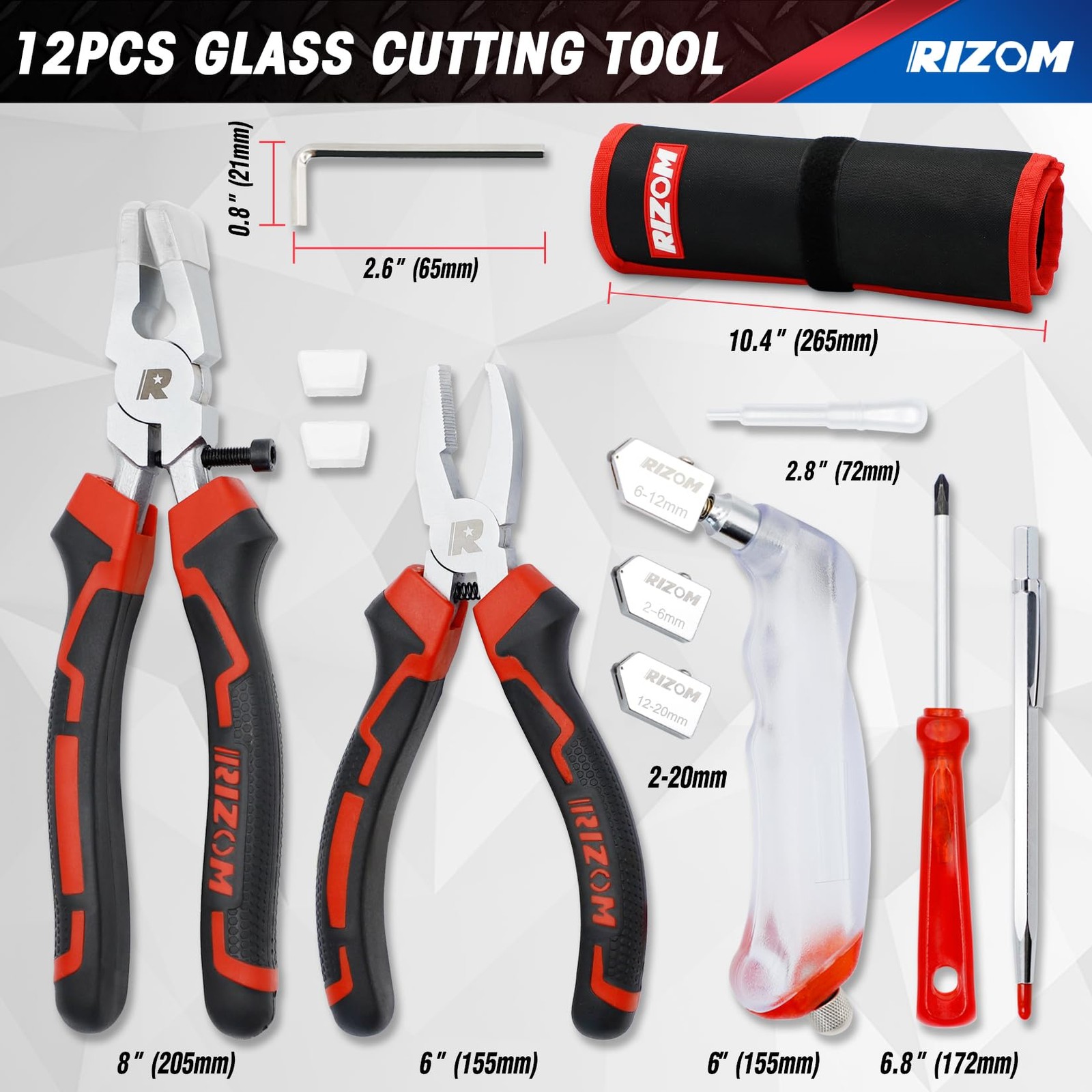 Rizom Glass Cutters Tools, Cutter 2-20MM, 8" Running Black&Red