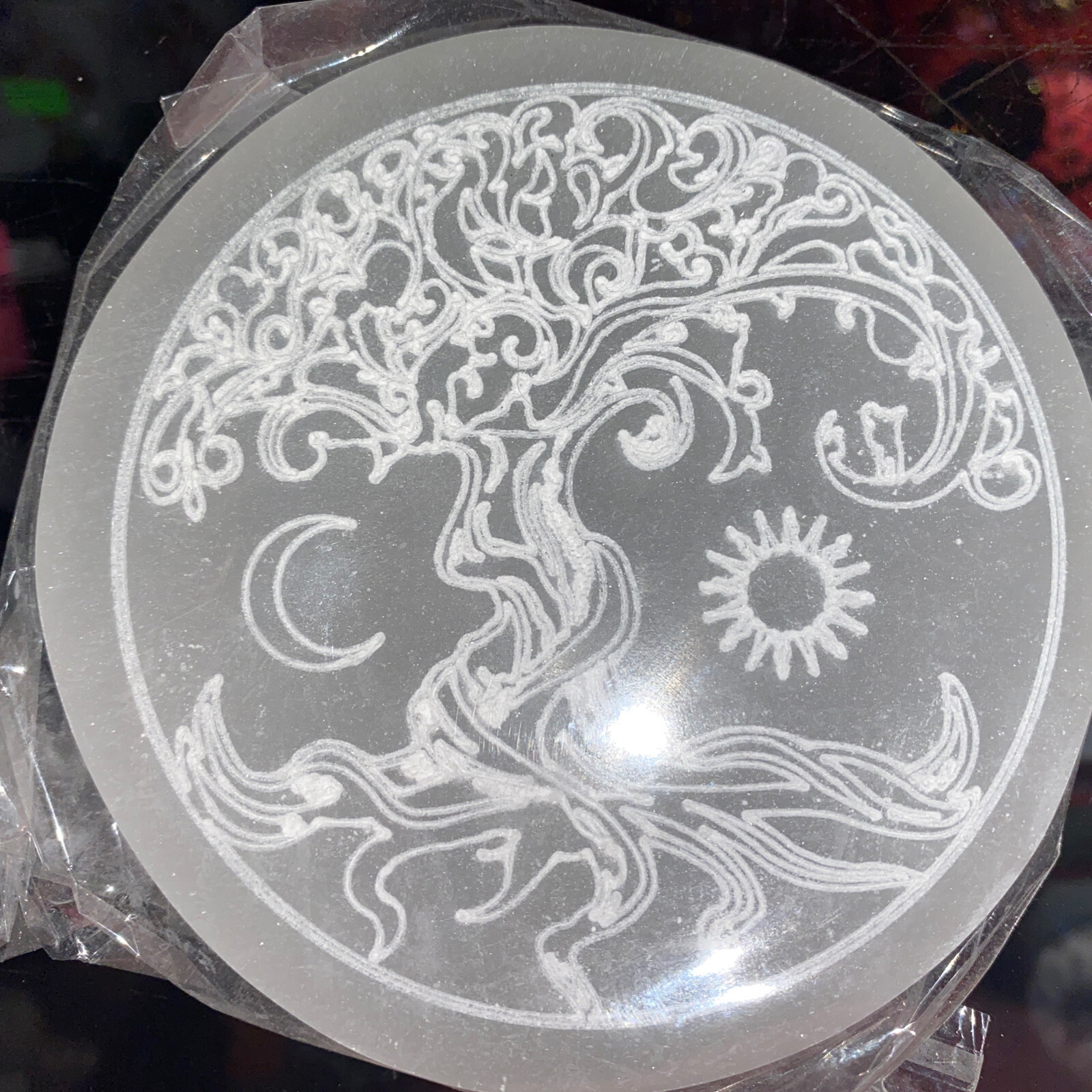 selenite charging plate With Tree Of Life - 4"