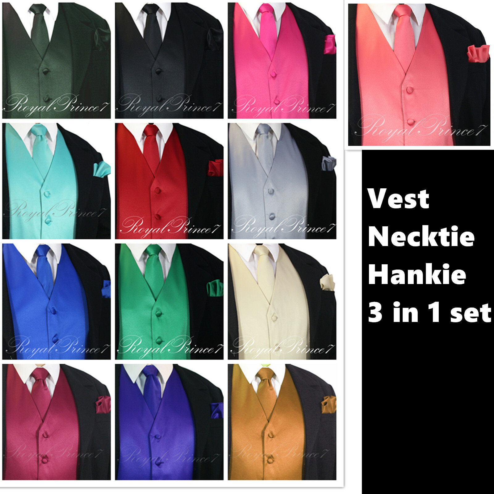 MEN SOLID PROM Tuxedo Suit Dress Vest Waistcoat & Neck Tie HANKIE Wedding 3 IN 1