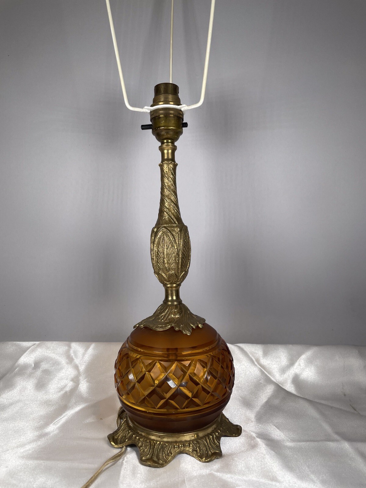 Vintage Brass & Amber Colour Cut Glass Table Lamp