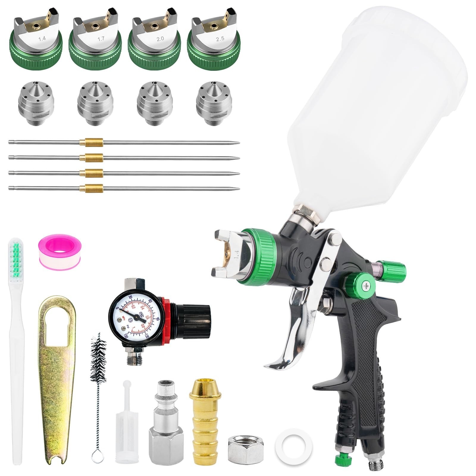 HVLP Paint Spray Gun, Air Gravity Feed System with 4 Nozzles 1.4/1.7/2.0/2.5m...
