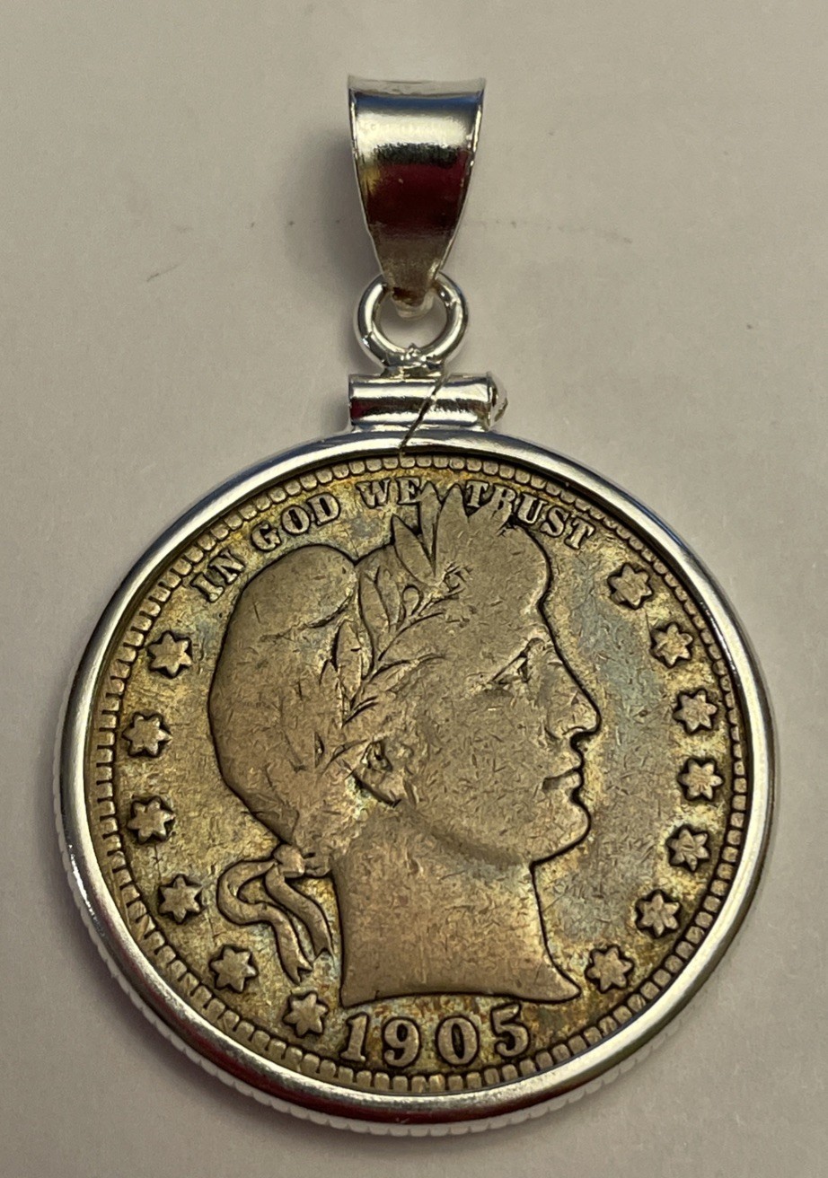 1905 Barber Quarter  AU/VF In A Sterling Silver Bezel All Details With Toning