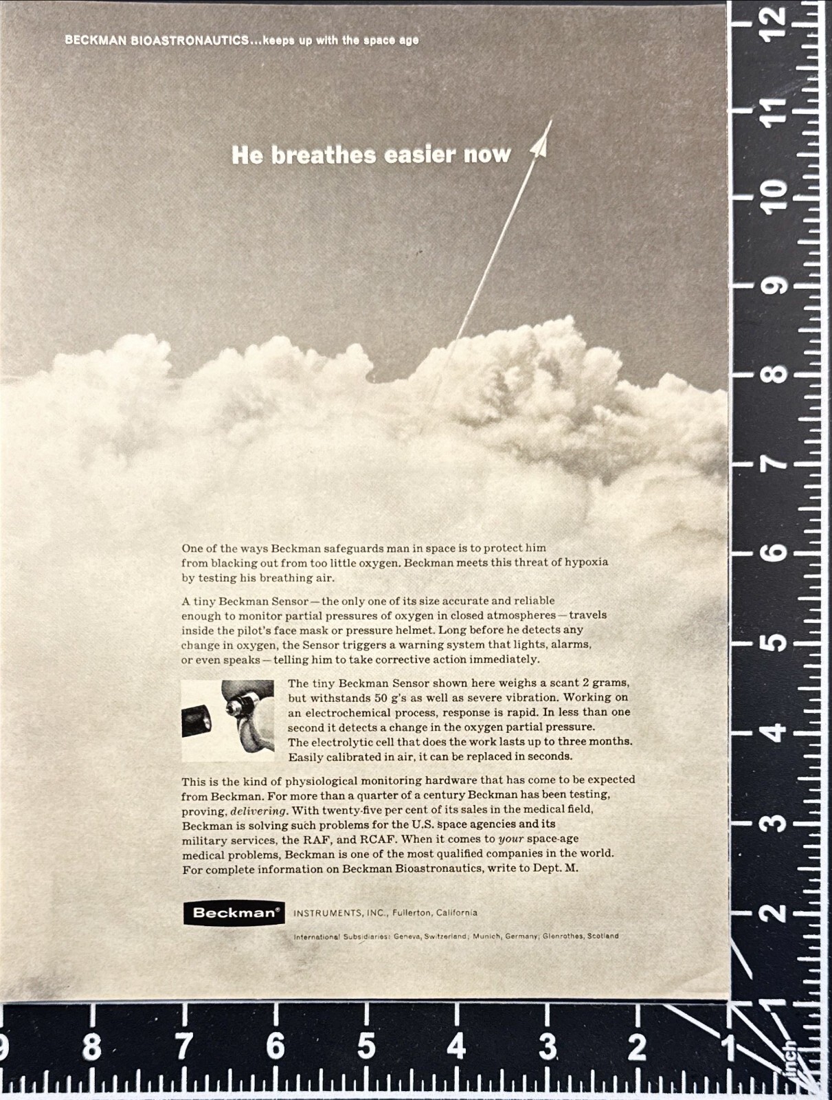 Beckman Instruments Hypoxia Oxygen Sensor Fullerton CA Vtg Print Ad 1963