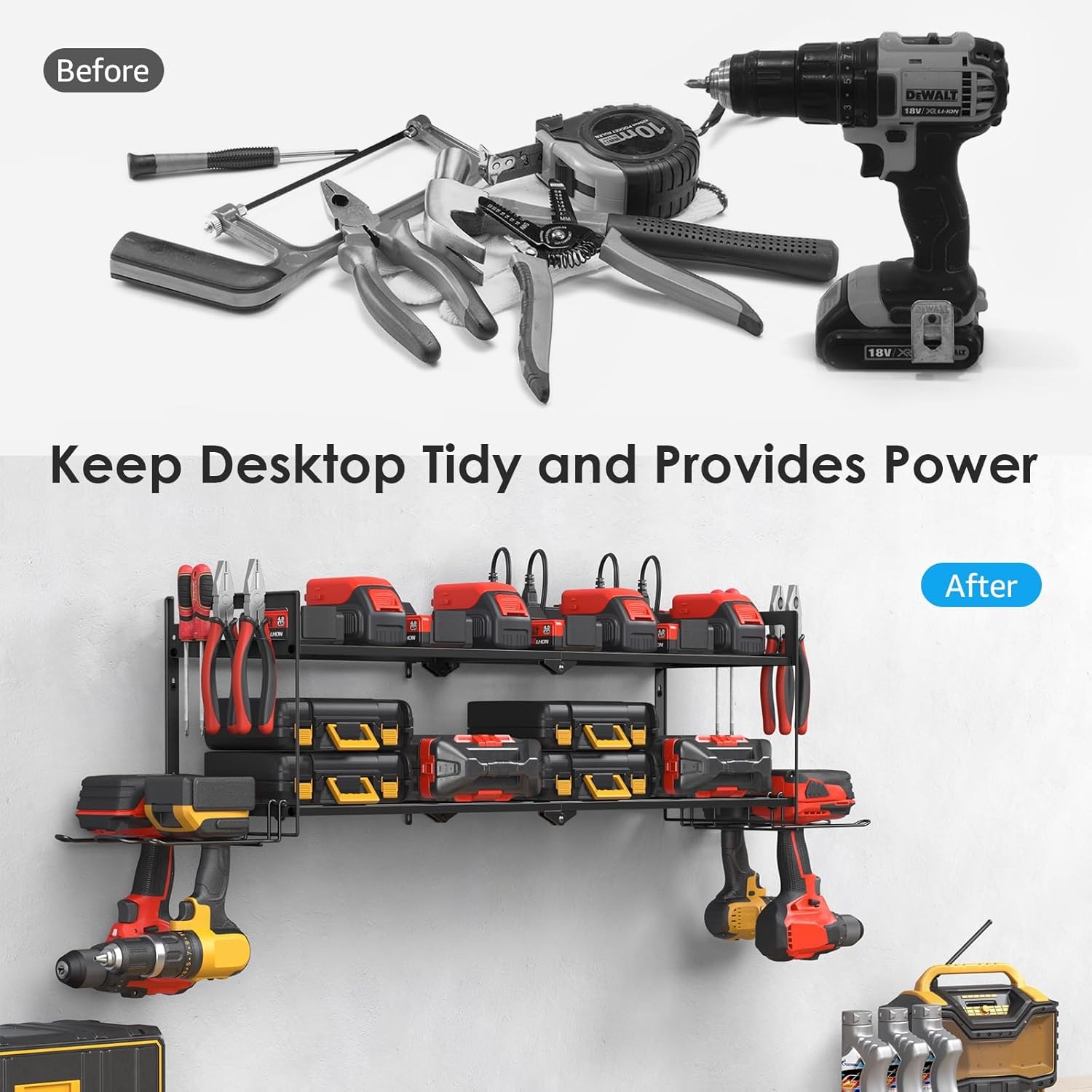 Large Garage Tools Storage with Charging Station. Power Tool Battery