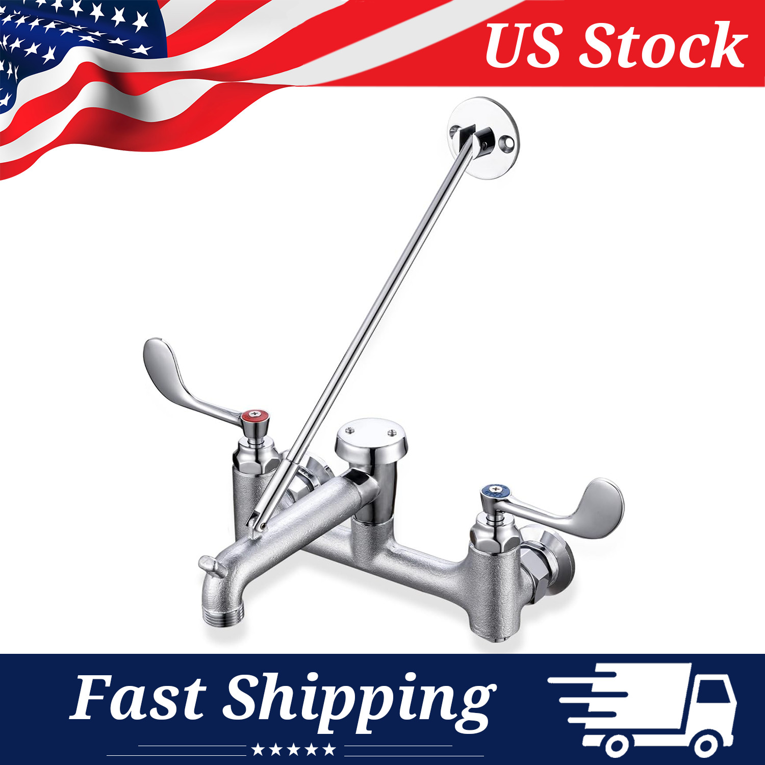 Wall Mount Service Sink Faucet with Wall Brace, 8" Adjustable Center, Mop Sink