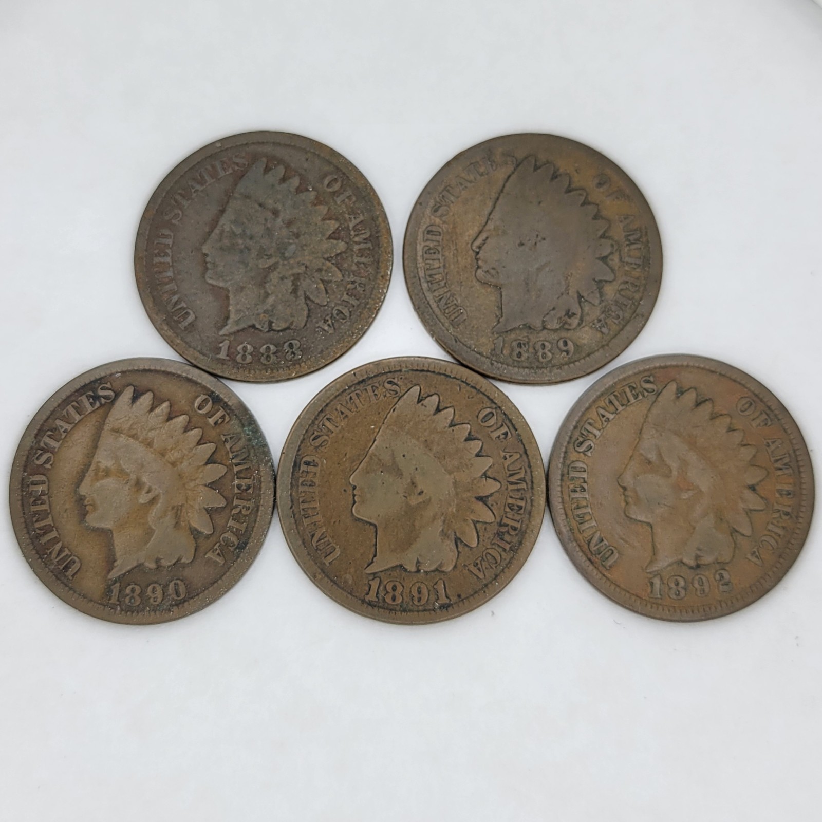 5 Indian Head Pennies 1889, 1889, 1890, 1891 & 1892 / You Buy What You See