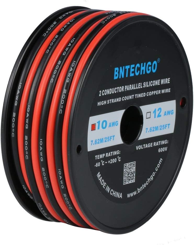 10 Gauge 2 Conductor Silicone Wire, 25ft Red & Black Stranded Tinned Copper 600V