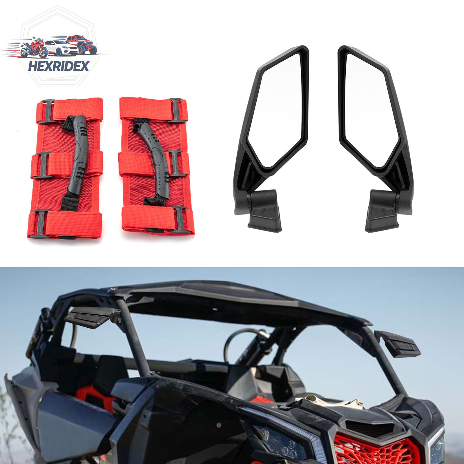 Racing Rear Side View Mirror+Red Handle Grab Fit Can-am Maverick X3 Turbo 17-25