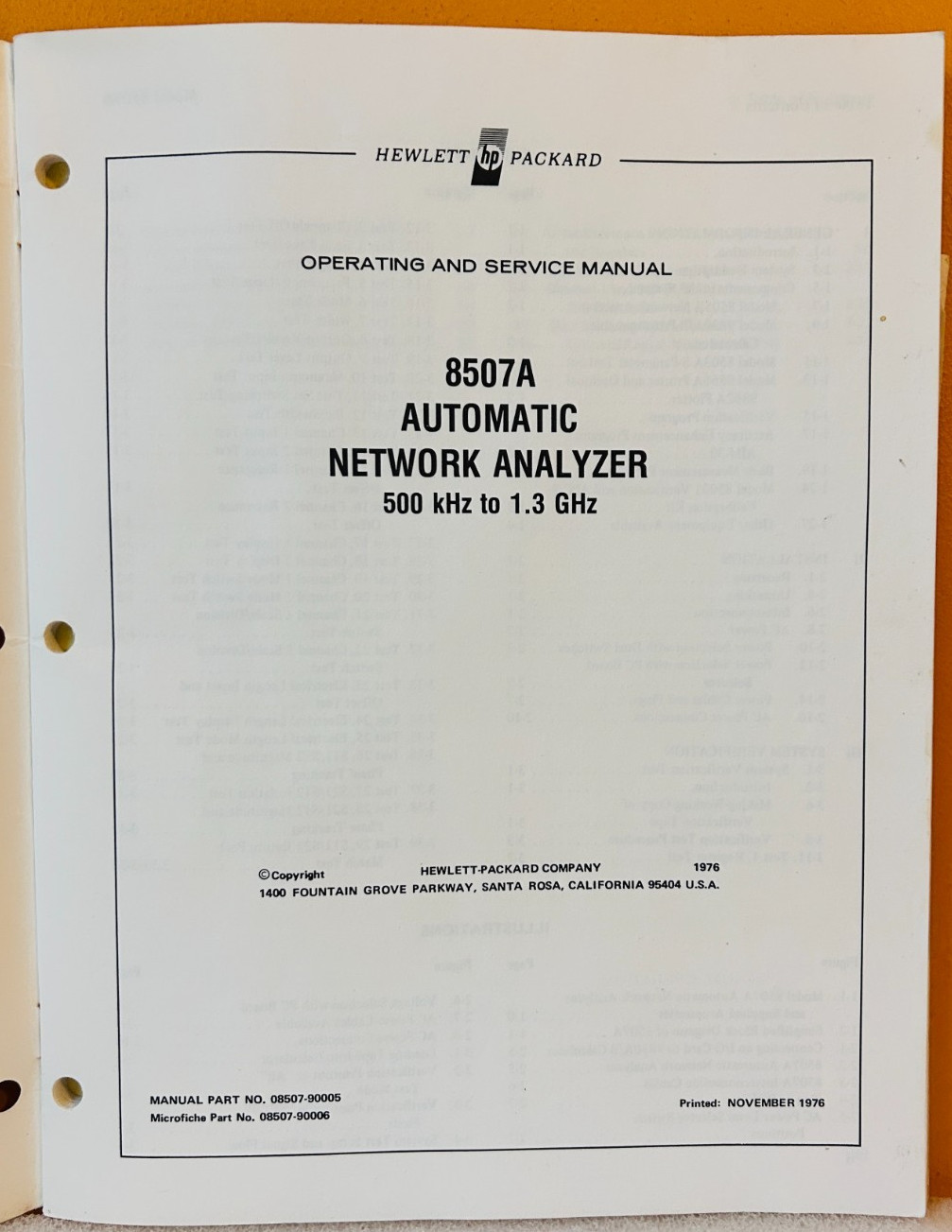 HP 08507-90005 Model 8507A Automatic Network Analyzer Operating & Service Manual
