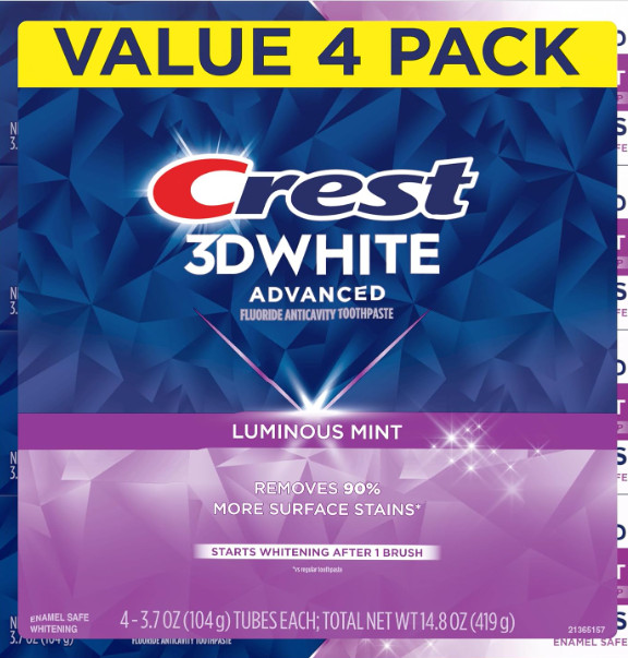 Crest 3D White Advanced, Teeth Whitening Toothpaste for Adults, 3.7 oz, 4 Pack,