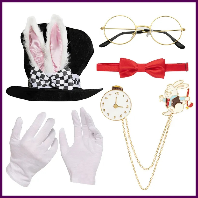 PESENAR White Rabbit Costume Set Mad Hatter Hat Rabbits Ears Topper Plush Hat