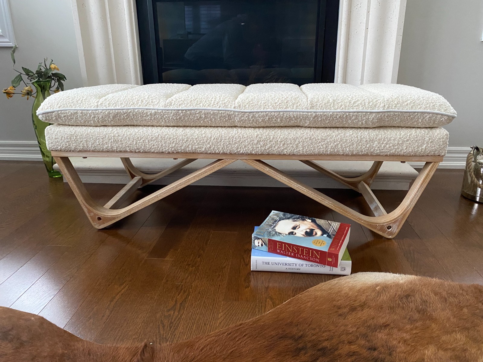 SEAT4U 48" Hendrick Boucle White Fabric Upholstered Wooden Bench