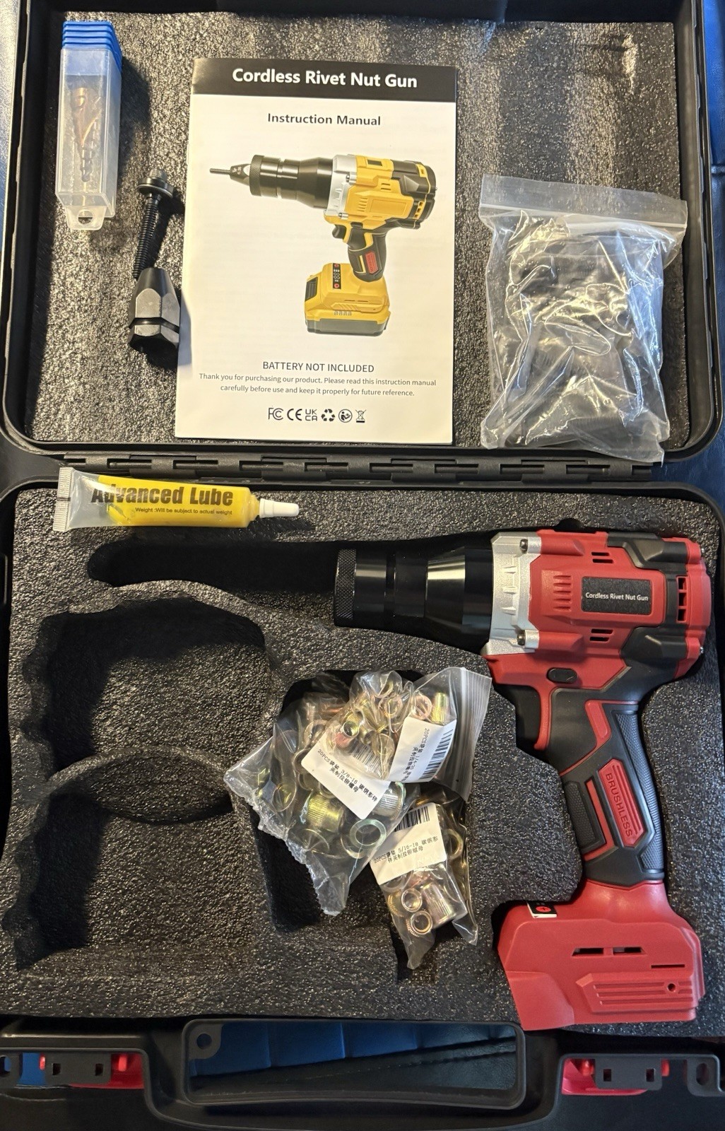 Cordless Rivet Nut Gun Kit M3, Black/Red, Carry Case  Tool Only No Battery
