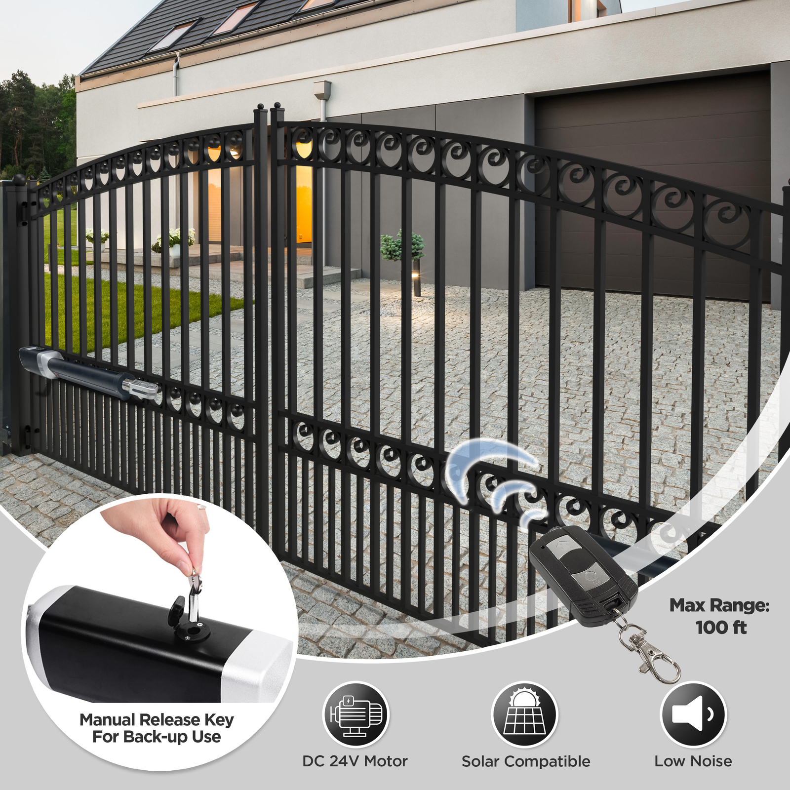 ALEKO Full Solar Kit ETL Listed Swing Gate Opener for Dual Gates up to 1320 lb