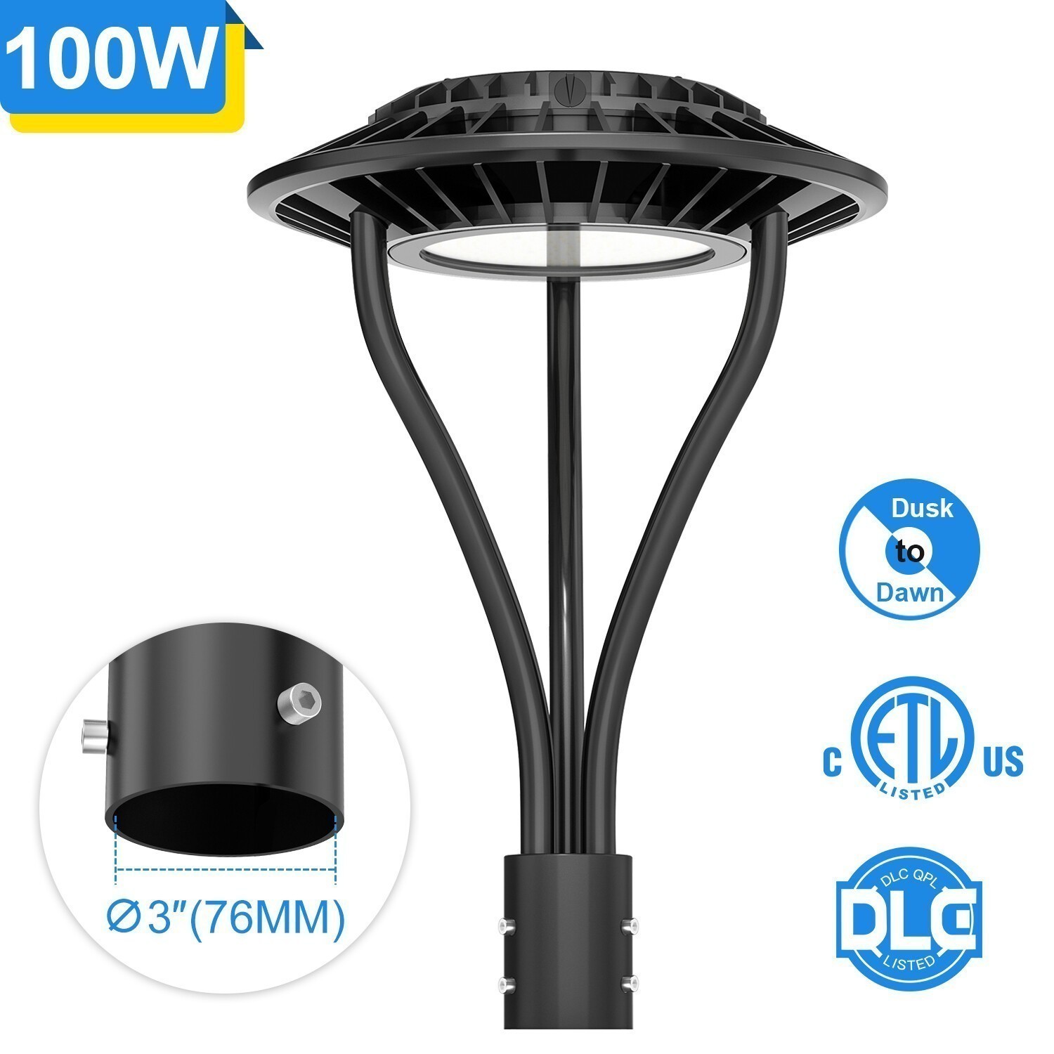 Outdoor LED Post Top Light 100W Dusk to Dawn Street Garden Parking Lot Lighting