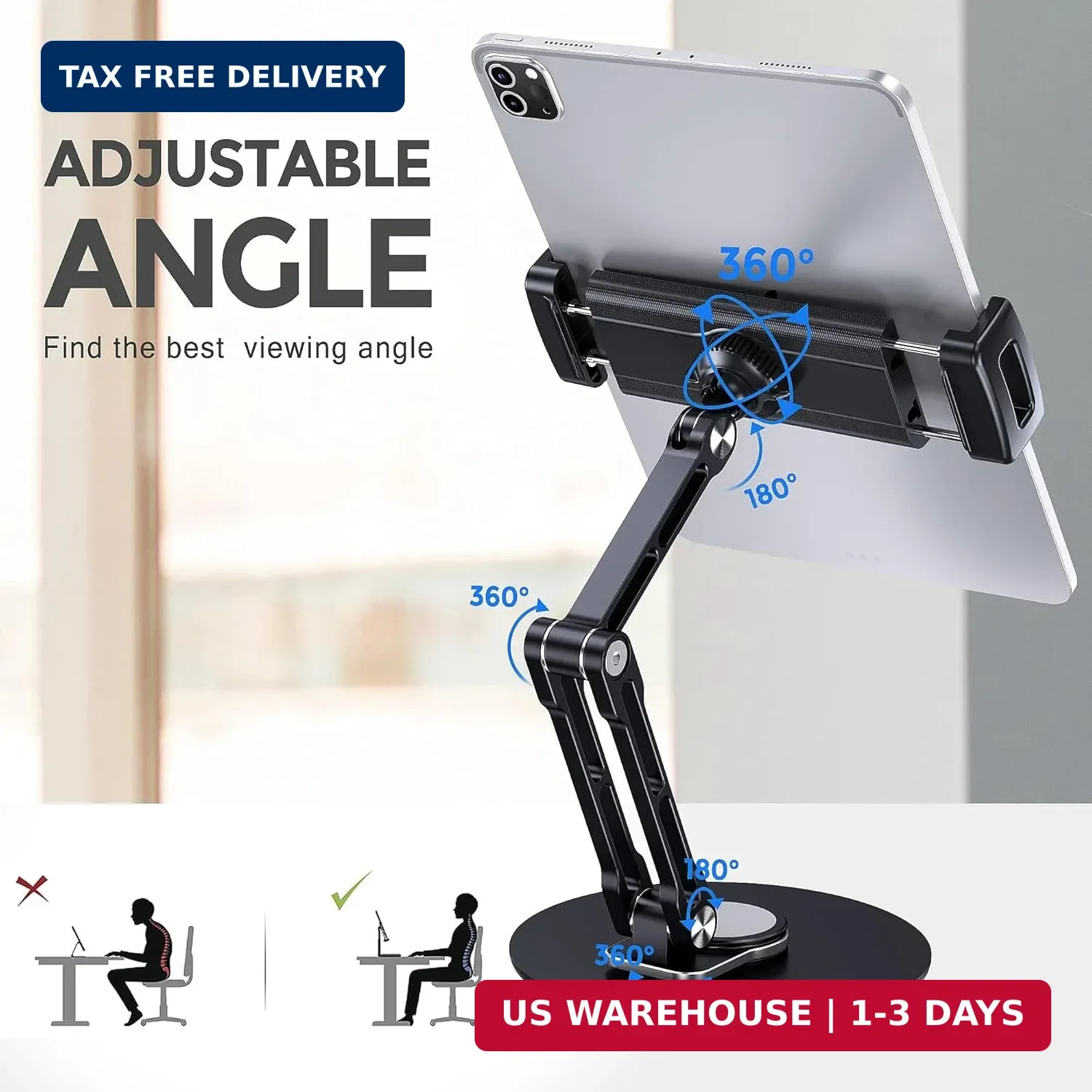 Tablet Stand Holder for iPad, Adjustable with 360 Rotating Base for Desk, Alumin