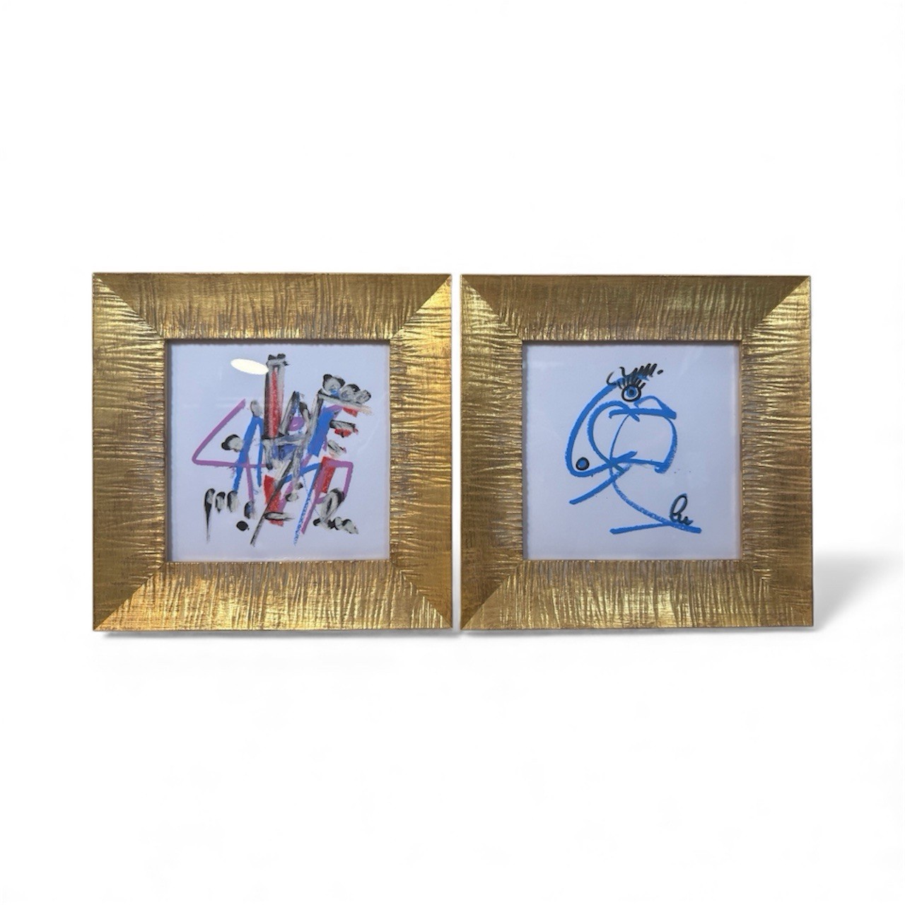 Set of 2 Framed Signed Abstract Art Pieces By Luc Villiard Rare! 11” X 11”