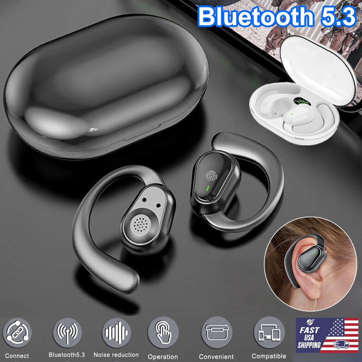 TWS Bluetooth 5.3 Headset Wireless Earphones Earbuds Ear Hook Stereo Headphones