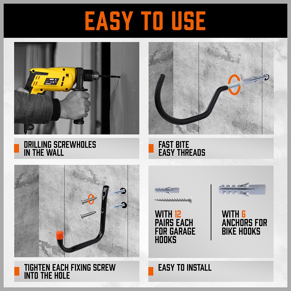 12PC Garage Storage Hooks Utility Wall Hooks for Tools Ladders Bikes Hoses Cords