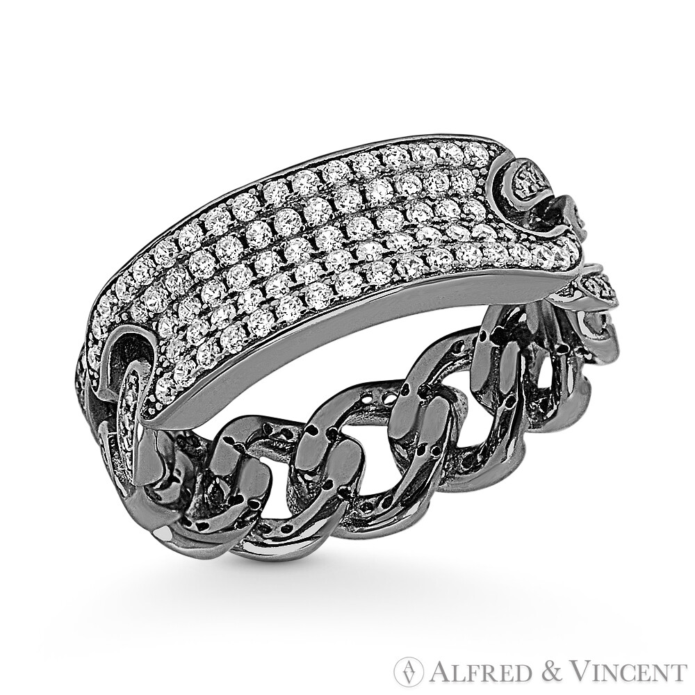 CZ Crystal Micro-Pave Bar & Cuban / Curb Link Chain Ring in .925 Sterling Silver