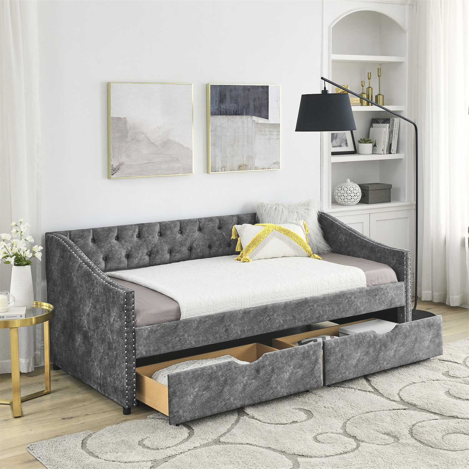 Twin Size Daybed Upholstered Bed Frame Sofa Bed w/ 2 Storage Drawers New