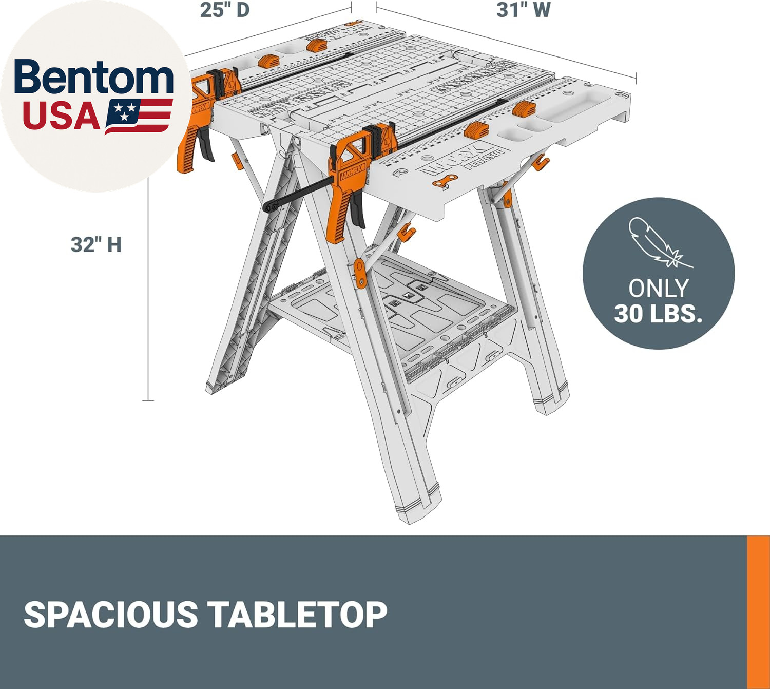 Pegasus 2-In-1 Folding Work Table & Sawhorse, Easy Setup Portable Workbench, 31"