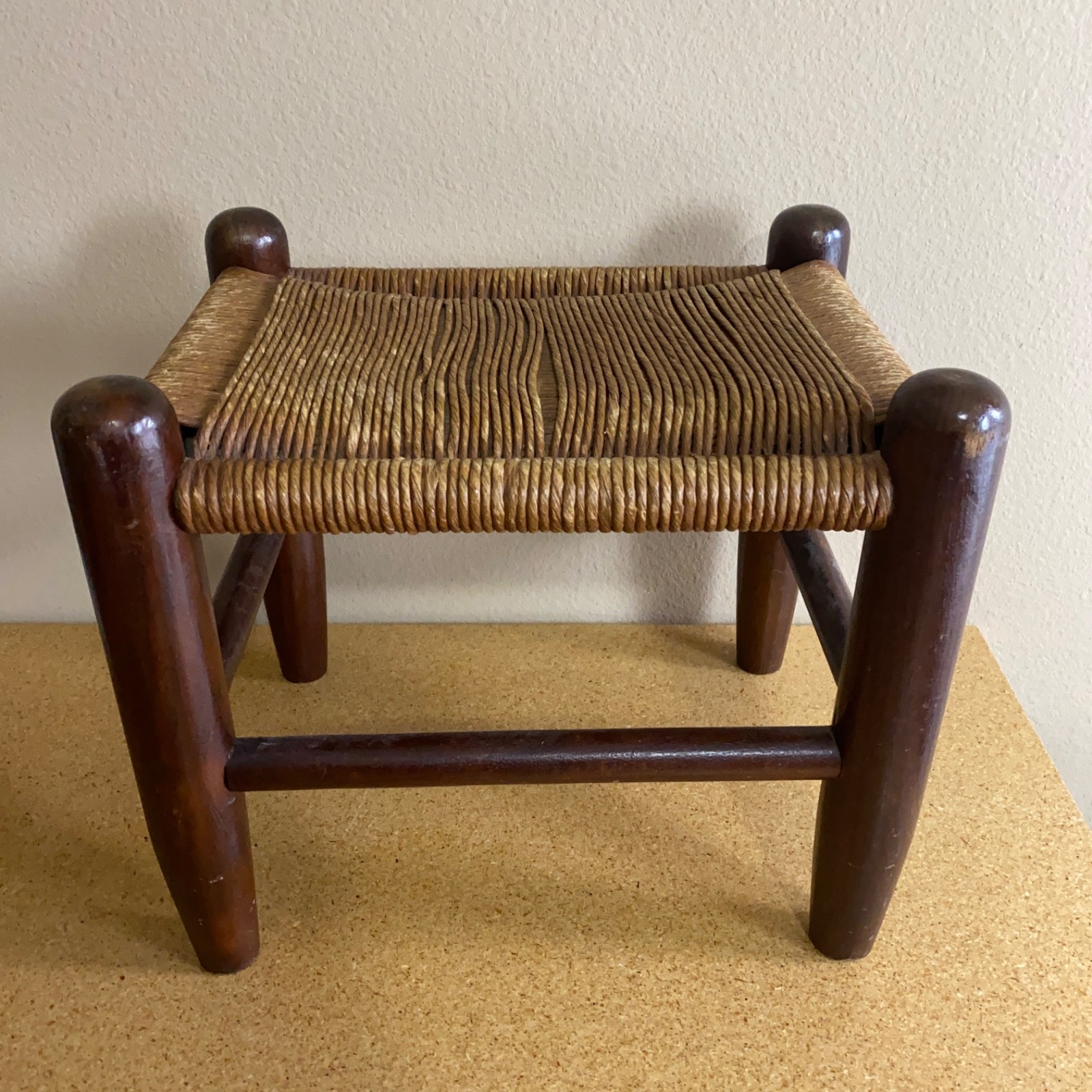 VTG Wood Rope Rush Twine Foot Stool Hand Woven Seat Ottoman Rustic 12 X 14 X 9