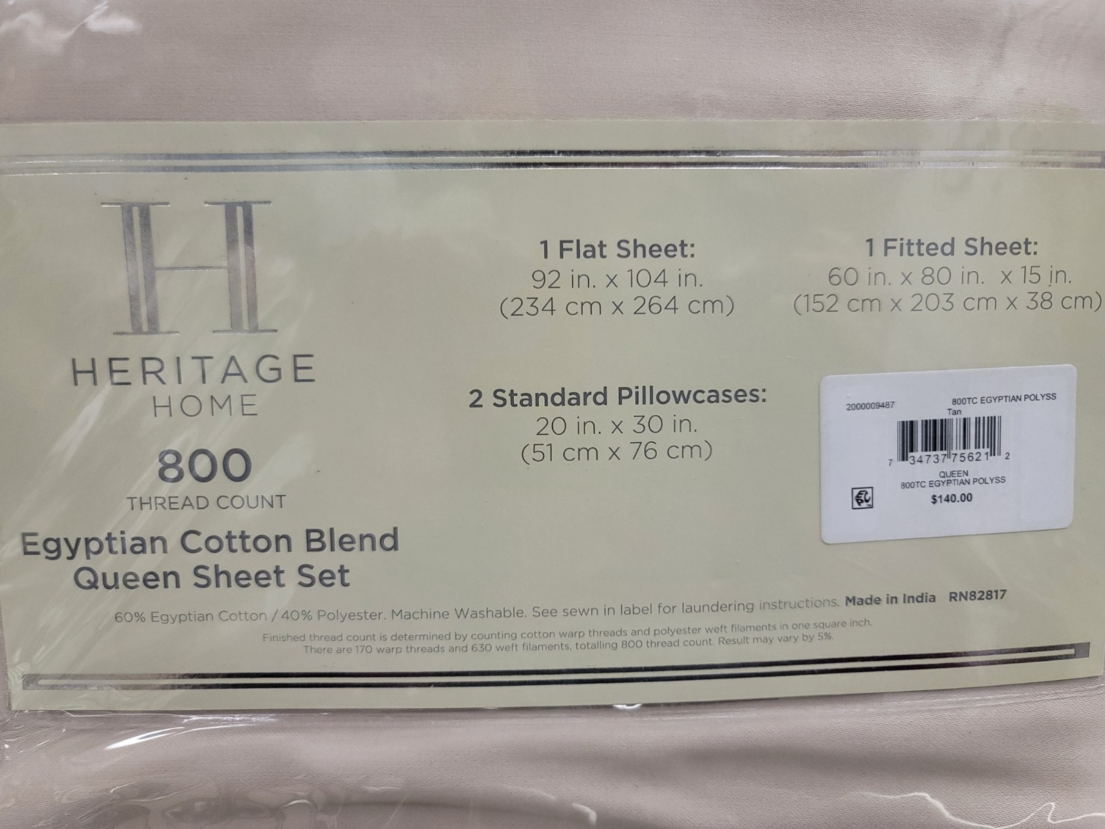 Heritage Home 800 Thread Count Cotton Blend & Polyester QUEEN Sheet Set Taupe