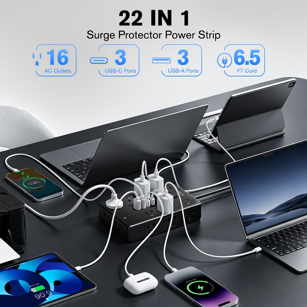 16 Outlets Power Strip USB C Type C Charger Surge Protector Flat Plug 6.5ft