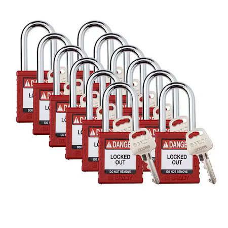 Brady Sdpl-Red-38St-Kd12 Padlock, Keyed Different, Nylon, Red, 1 1/2 In Shackle