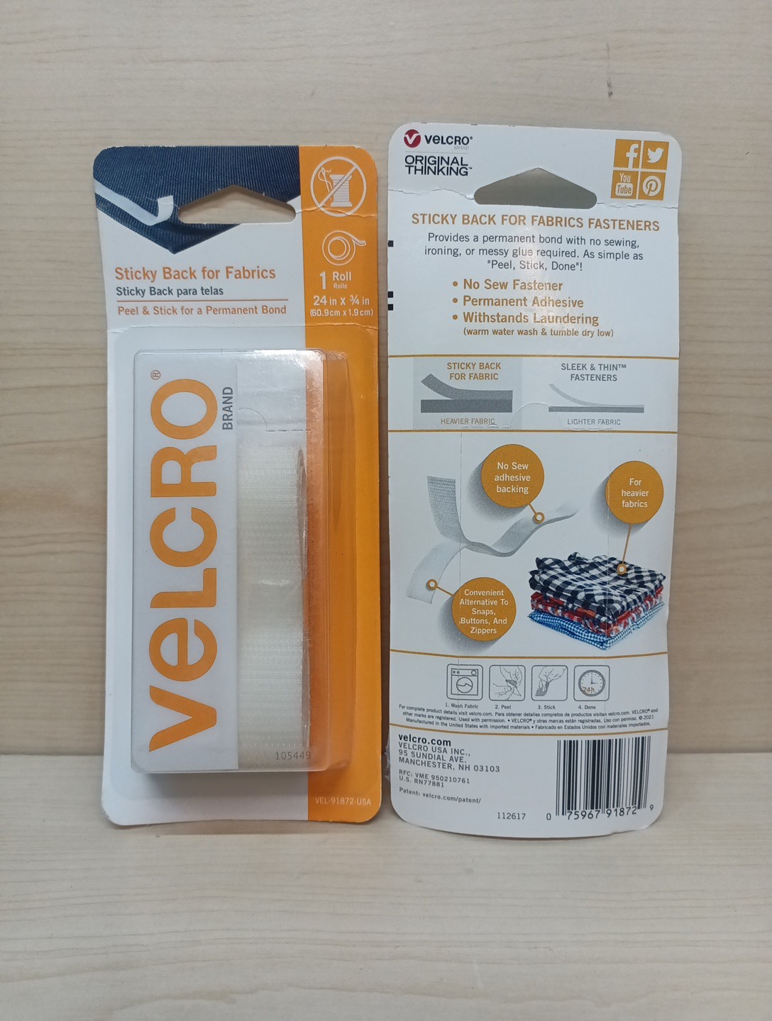 VELCRO BRAND ( white ) STICKY BACK FOR FABRICS 1 roll 24IN X 3/4" (PACK OF 2)